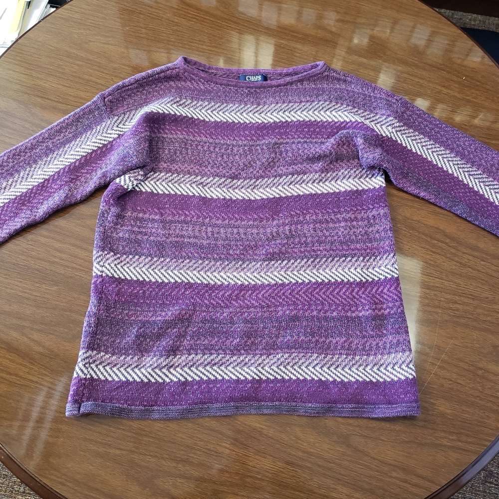 CHAPS Striped Purple Sweater with 3/4 Sleeves - Size Medium